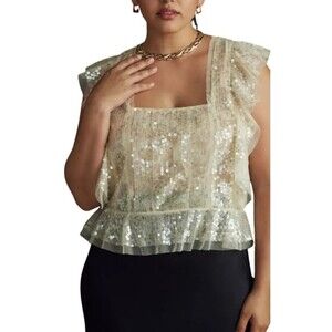 ANTHROPOLOGIE  Sequin Ruffled Tank Cream Size Large